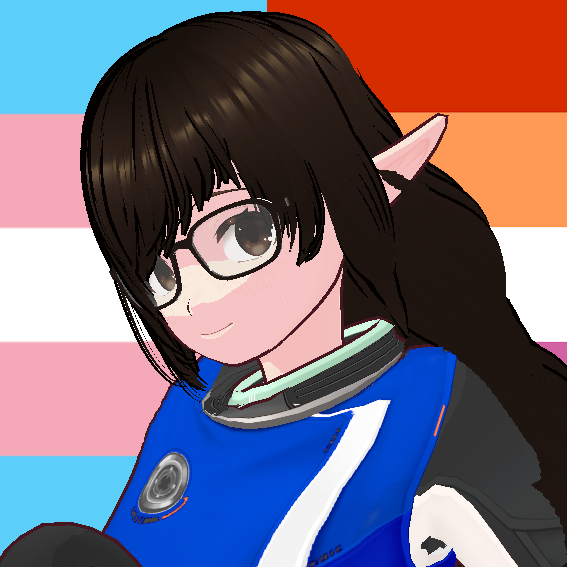 An anime styled 3D model of a girl with curly brown hair, brown eyes and glasses sitting in front of a split background of the transgender and lesbian pride flags